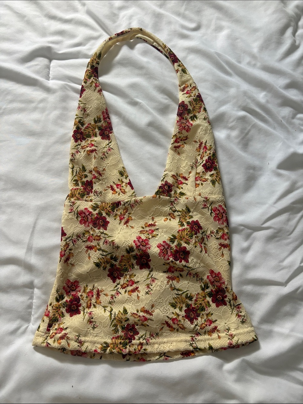 White Fox Boutique Cream Halter Tank with Pink Floral Print